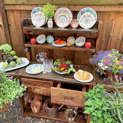 Eli's Redwood Potting Bench (Options: Large Size, California Redwood, No Casters, 2 Shelves, Both Sides Fold Down, Copper Inset for Right Drawer, No Engraving, Removable Slatted Lid Over Right Drawer, Transparent Premium Sealant). Photo Courtesy of M. Cooke of Westchester, IL.